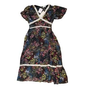 In Loom V-Neck Dress‎ Black Bright Floral Boho Sundress Women's Size M Zip